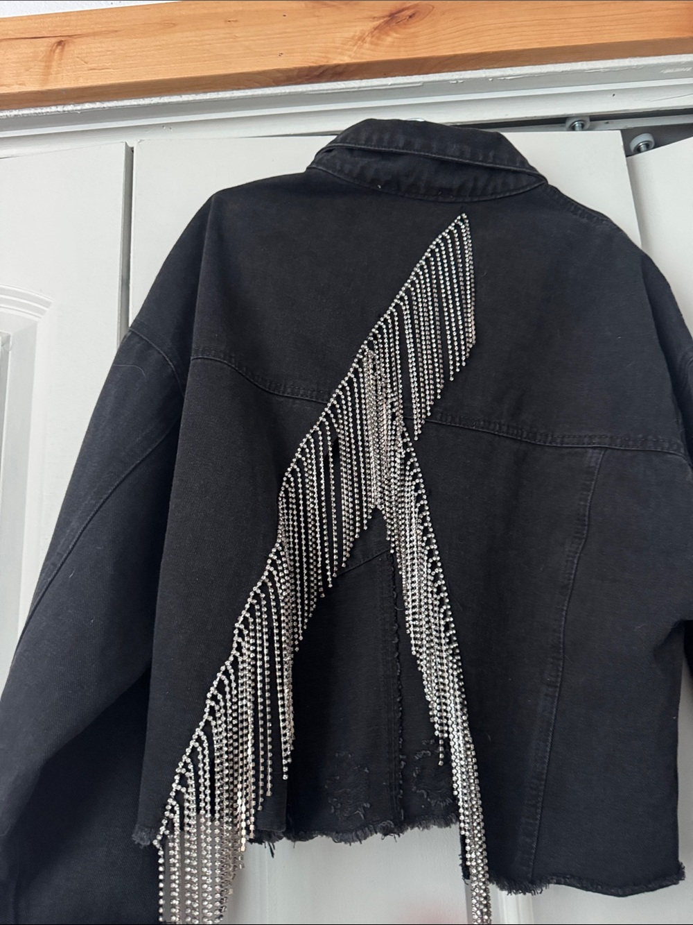 Black Distressed Denim Jacket with rhinestone fringe